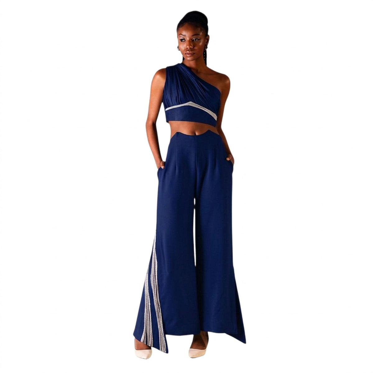 Overlap Slit Wide-Leg Trousers – Heba - Navy Blue