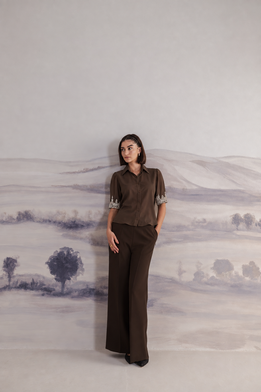 Embroidered Cuff Satin Shirt – Ensemble - Deep Brown