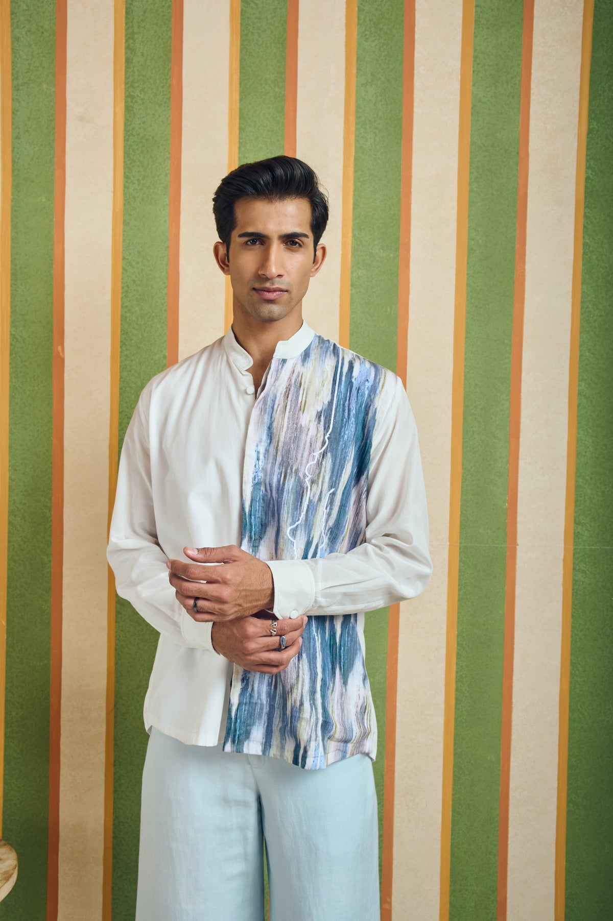 Split Canvas Men’s Shirt - Blue Brushstroke Print