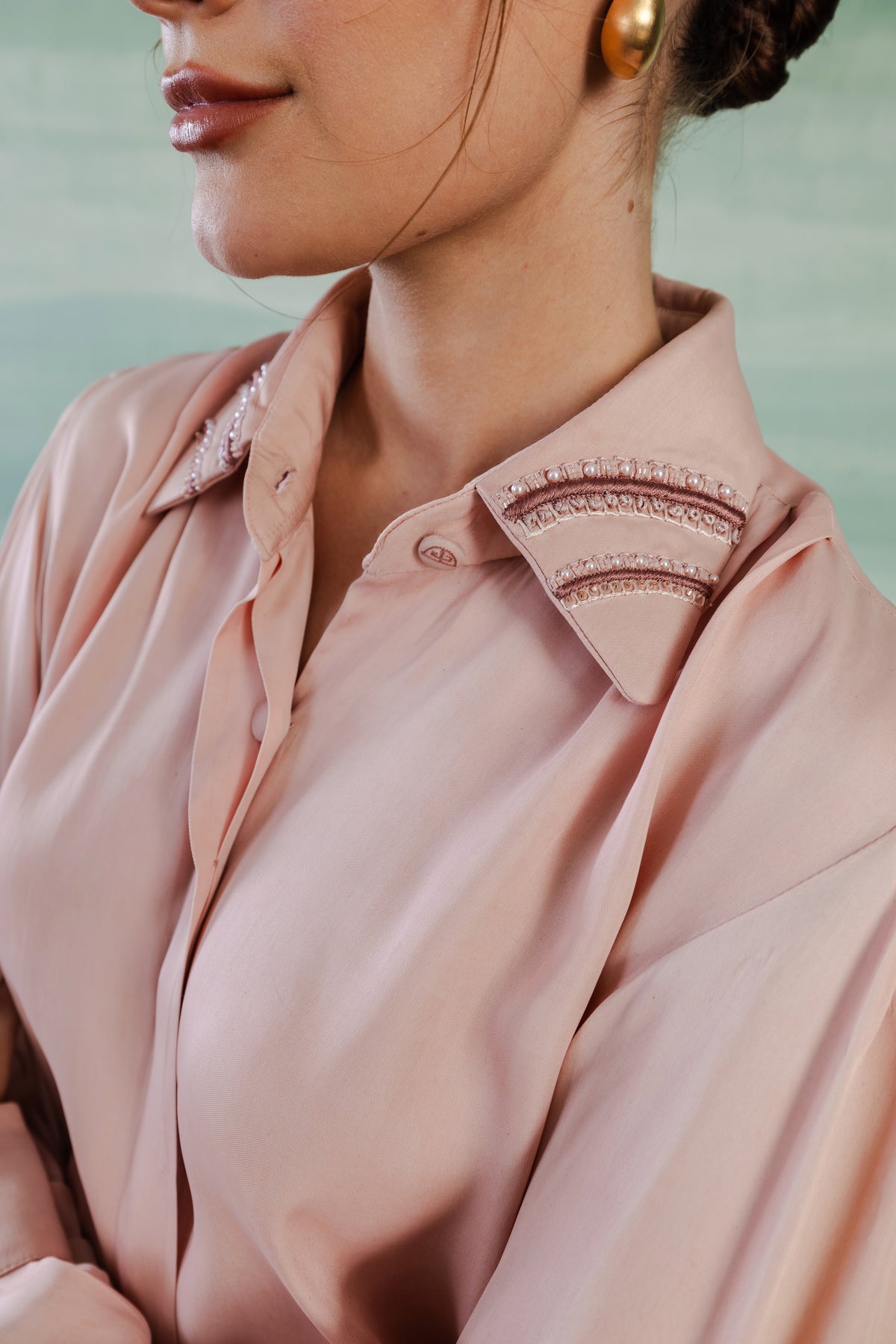 Side Opening Satin Shirt – Romanesque - Apricot Blush
