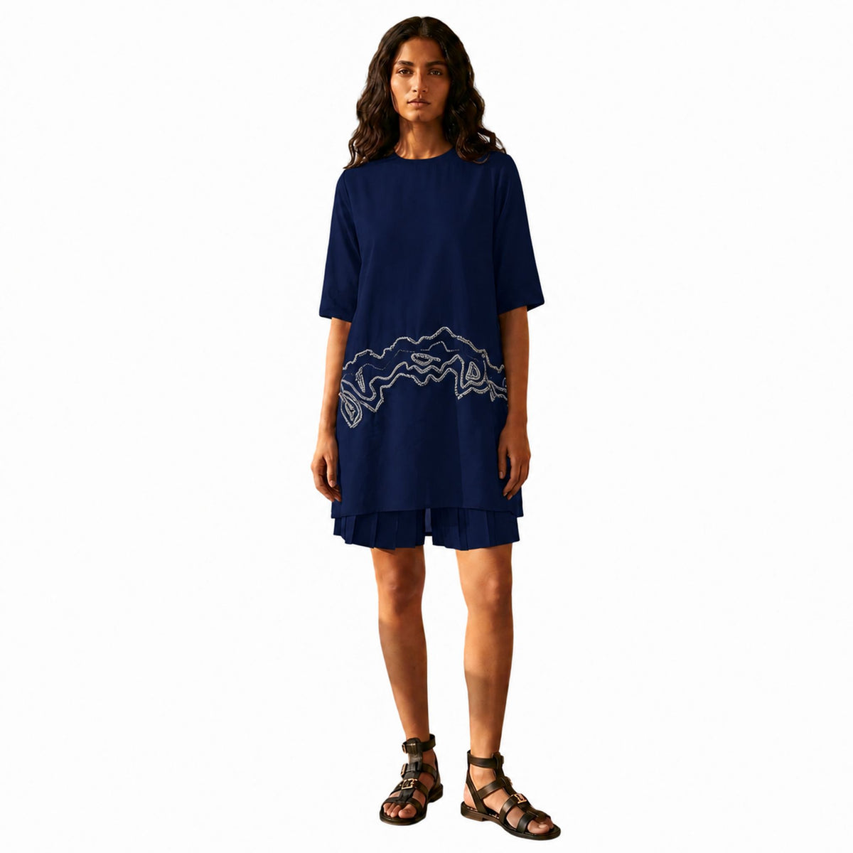 Sheer Hem Embroidered Tunic – Fluid - Navy Blue