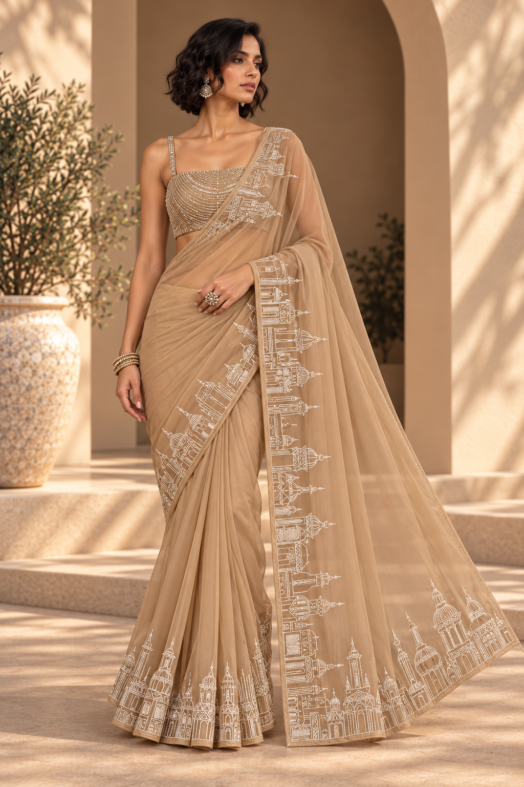 Embroidered Border Saree – Regal - Champagne Beige