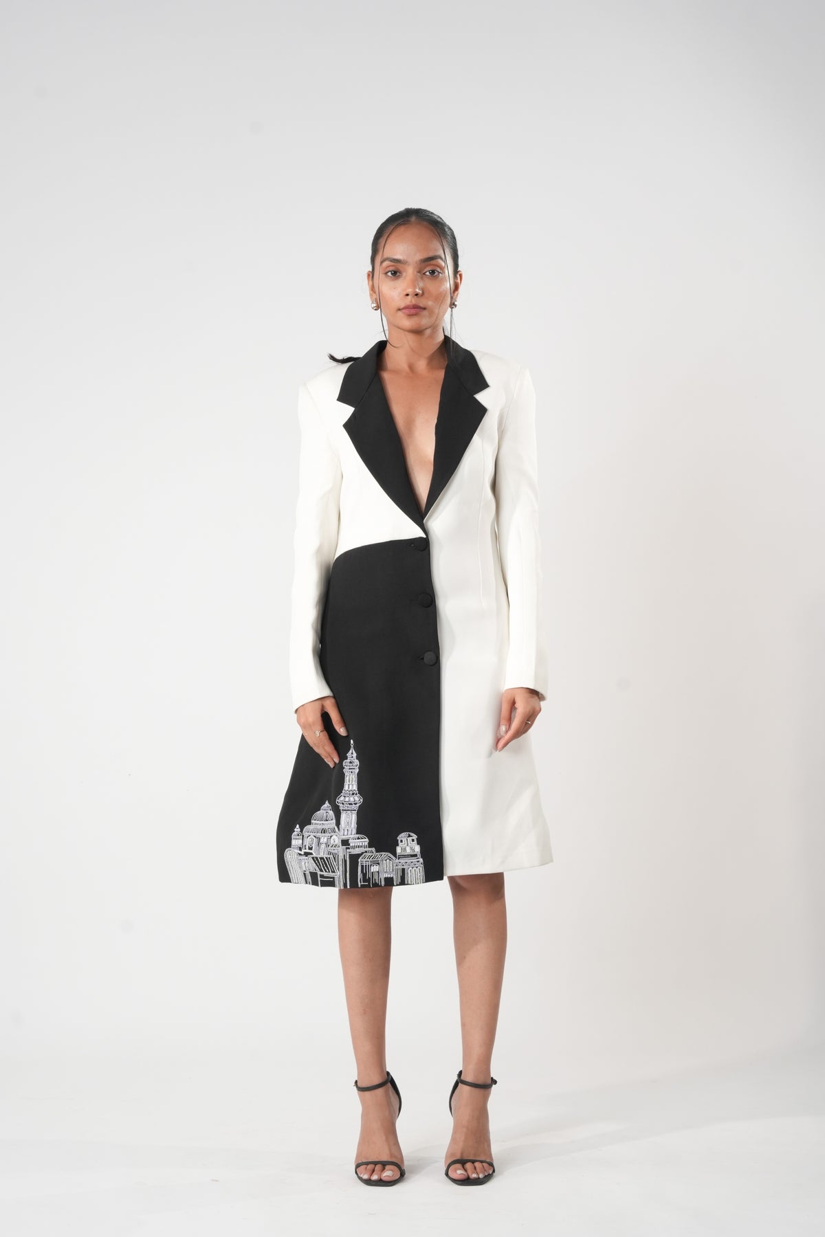 Asymmetric Embroidered Long Coat – Vestalia - Black And White