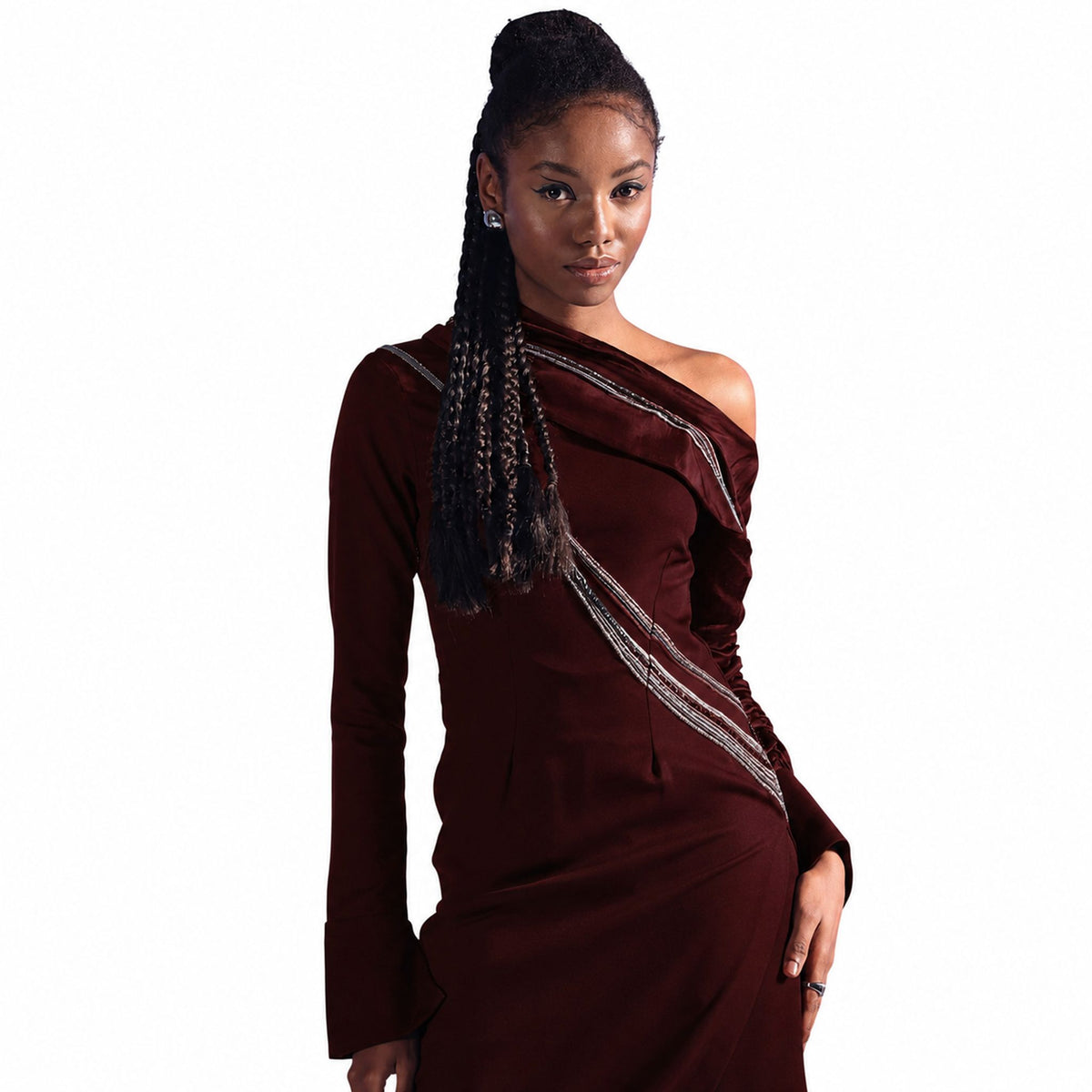 One-Shoulder Draped Midi Dress – Ecalt - Wine