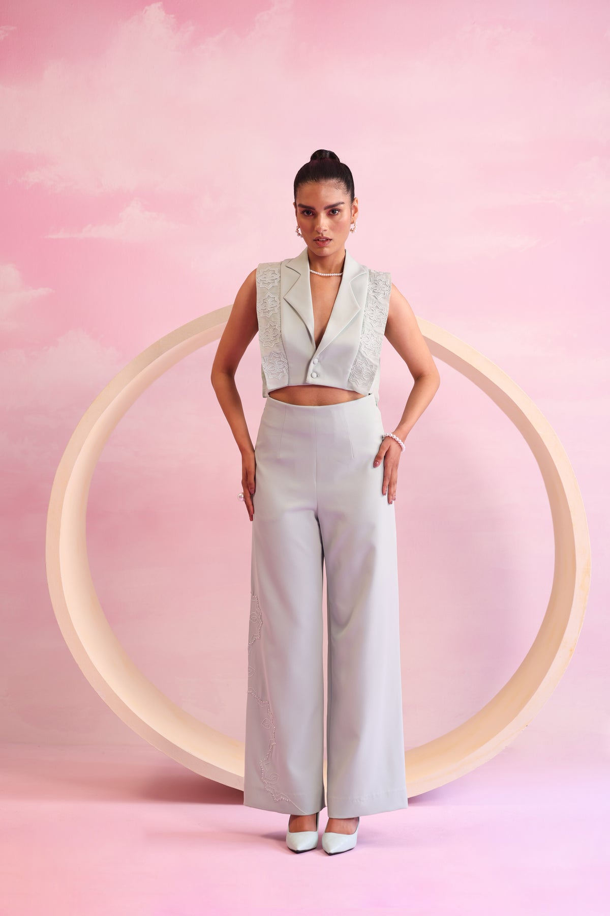 Embroidered Hem Wide-Leg Trousers – Enchanted Grove - Mint Green