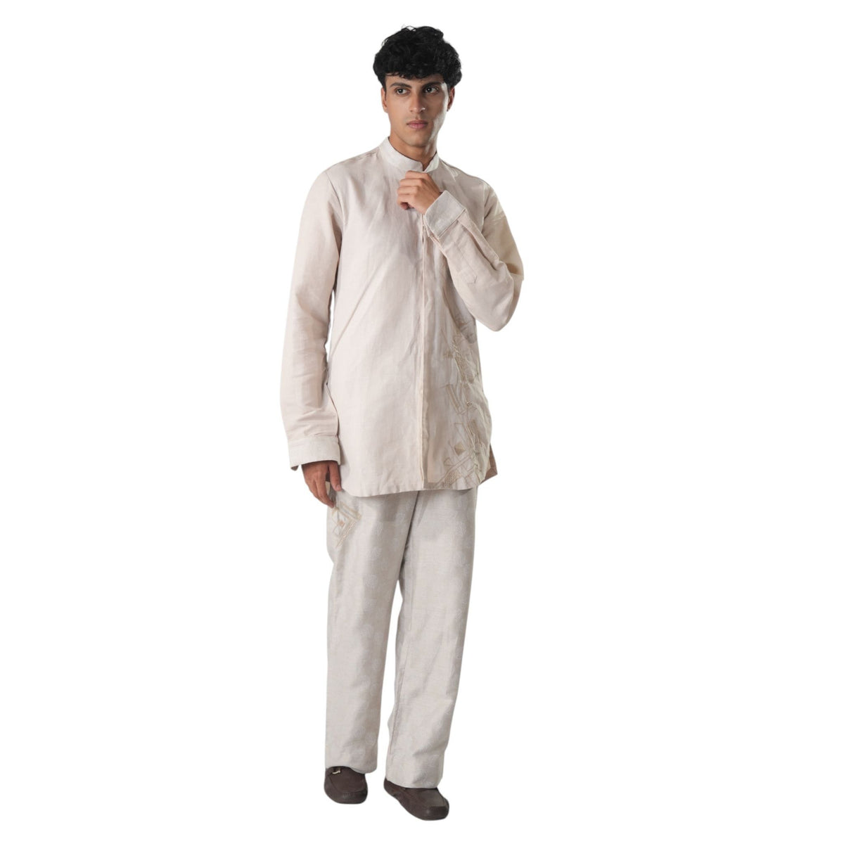 Mandarin Collar Embellished Shirt – Mystic Dawn - Beige