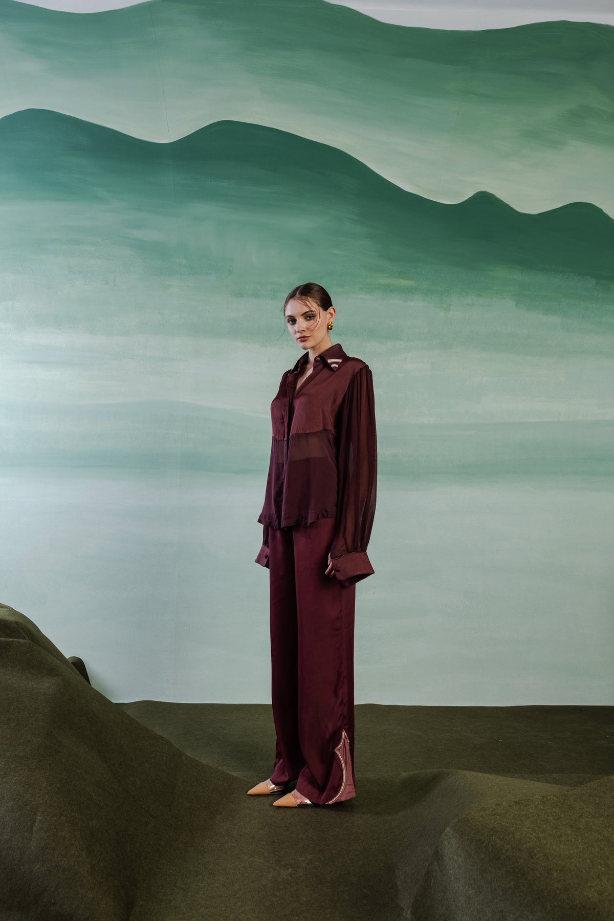 Extended Yoke Satin Shirt - Wine Berry