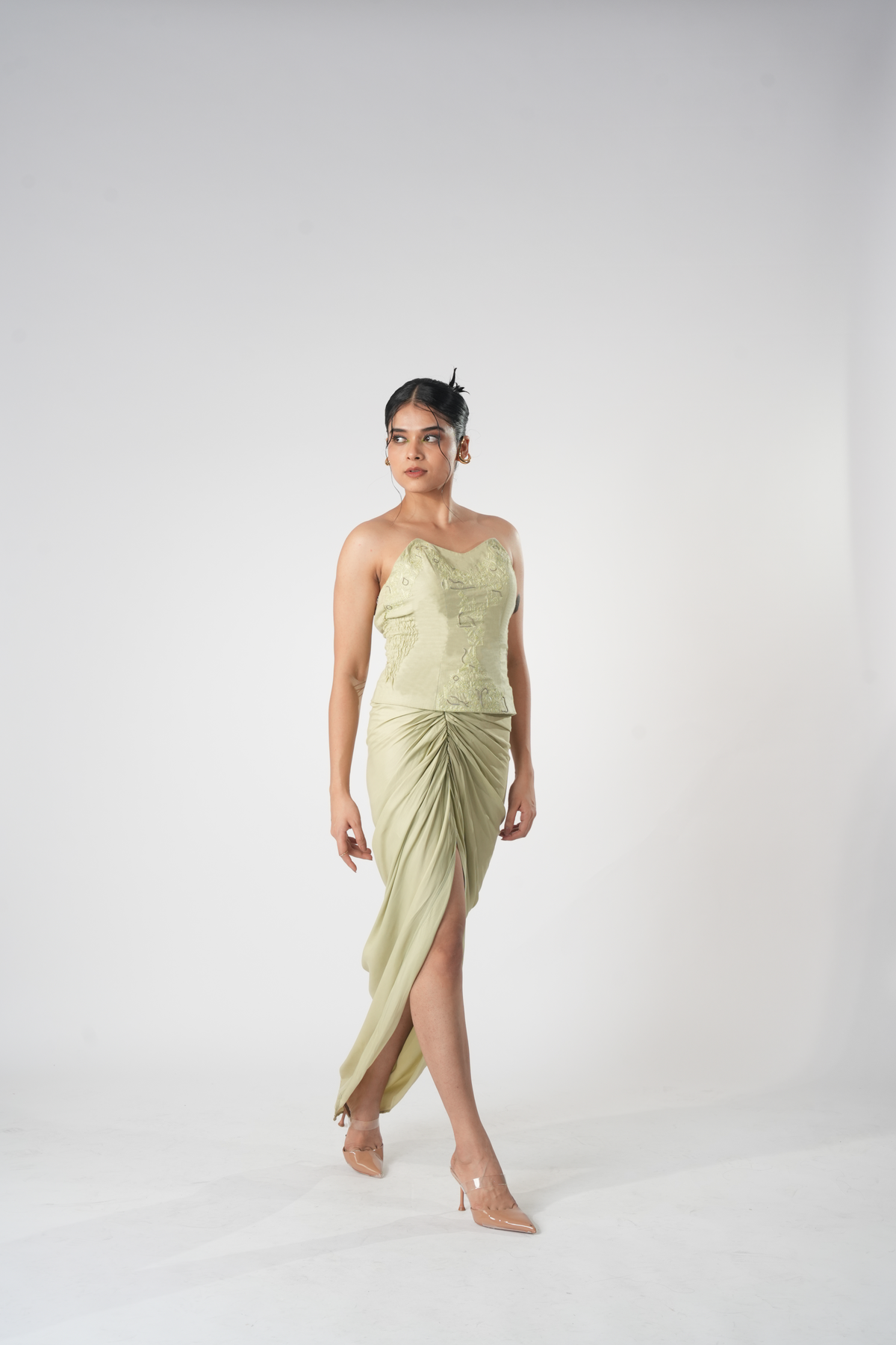 Embroidered Strapless Corset – Ochre Charm - Green