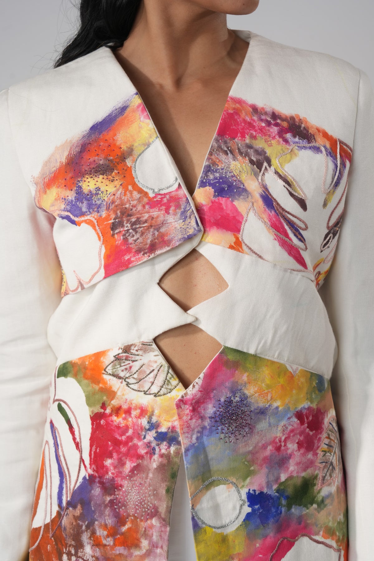 Hand-Painted Cut-Out Blazer – Leaf Imprint - White