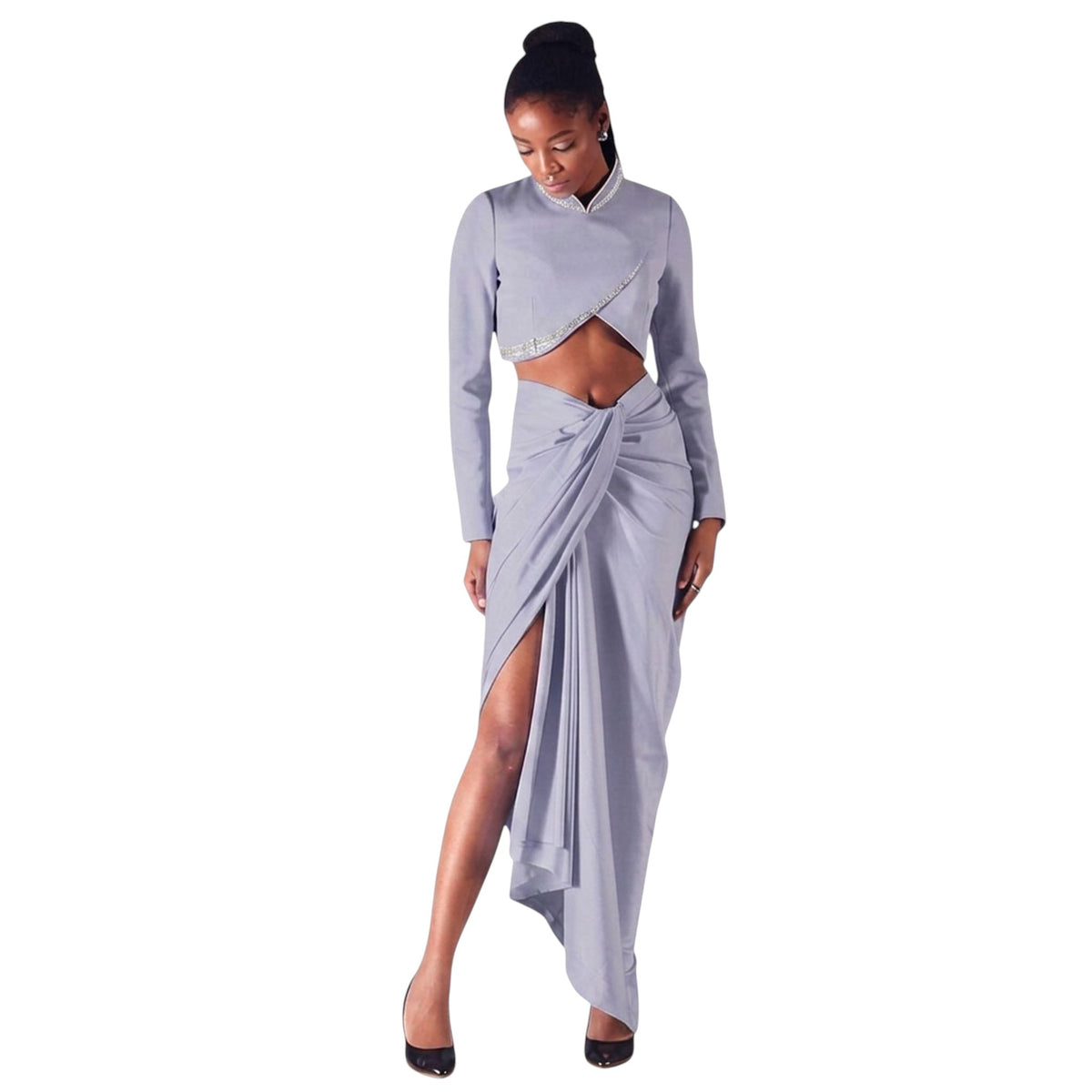Draped Wrap Satin Skirt – Isis - Cool Grey