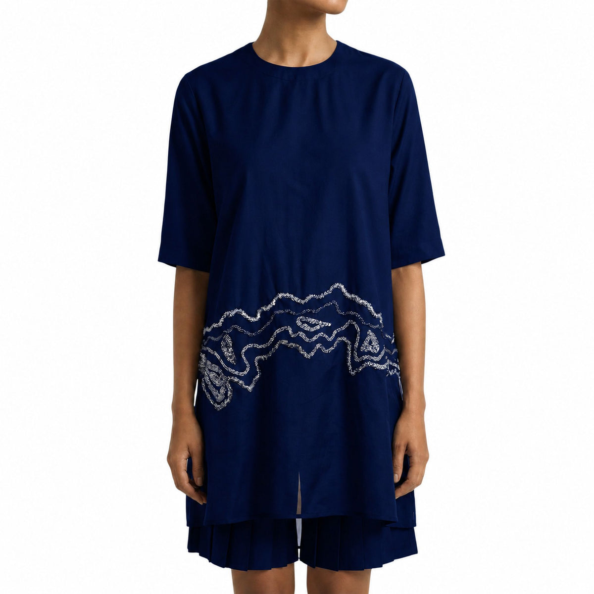 Sheer Hem Embroidered Tunic – Fluid - Navy Blue