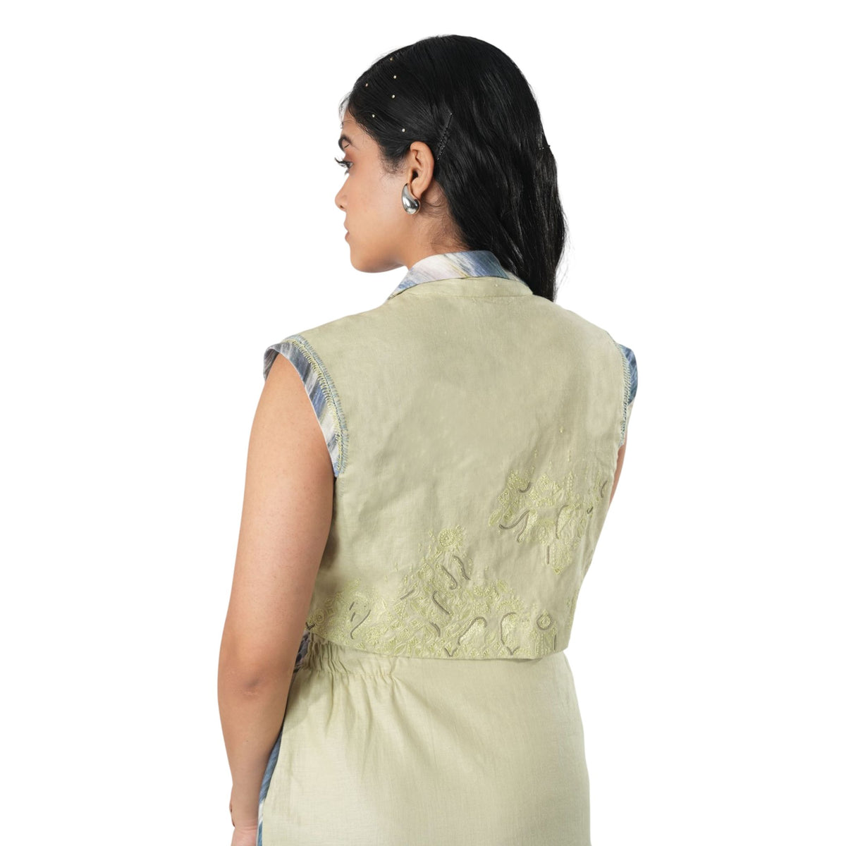 Cap Sleeve Embroidered Crop Jacket - Green