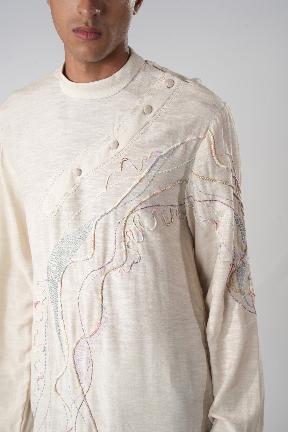 Men's Curved Placket Kurta – Orchard - Beige