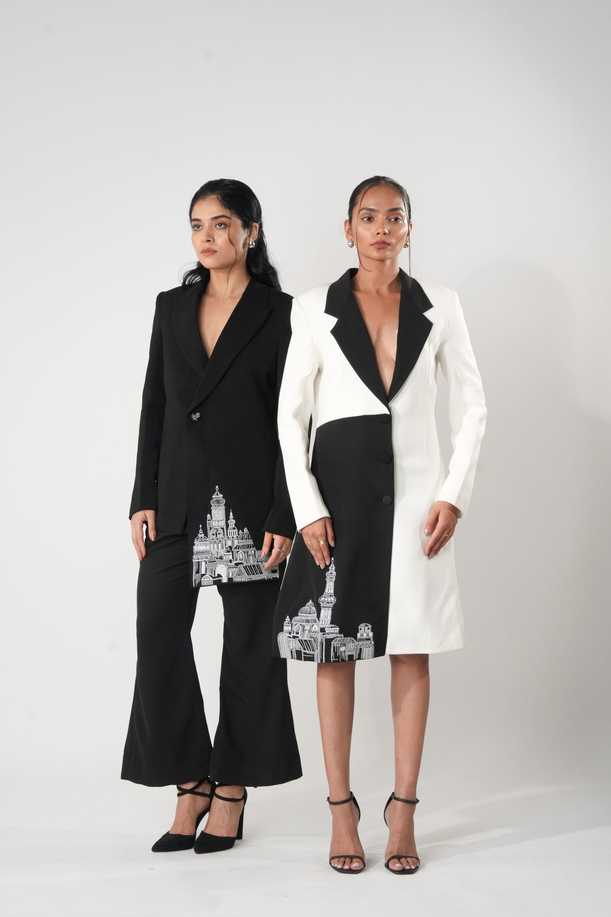 Asymmetric Embroidered Long Coat – Vestalia - Black And White