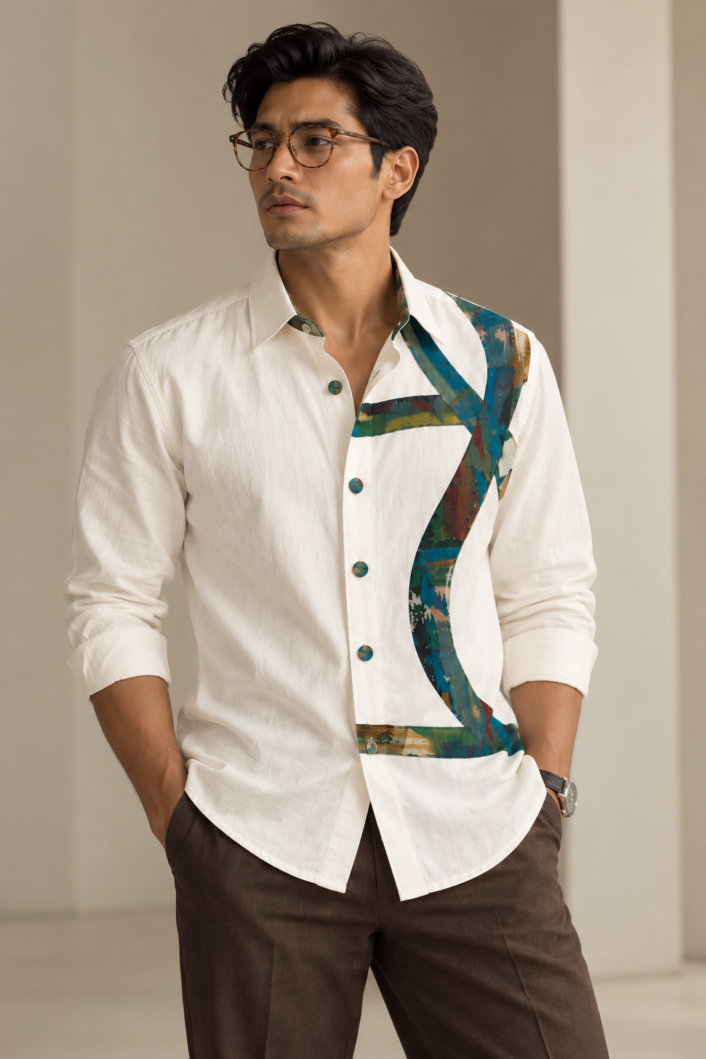 Men's Abstract Panel Shirt - Teal Brushstroke Print