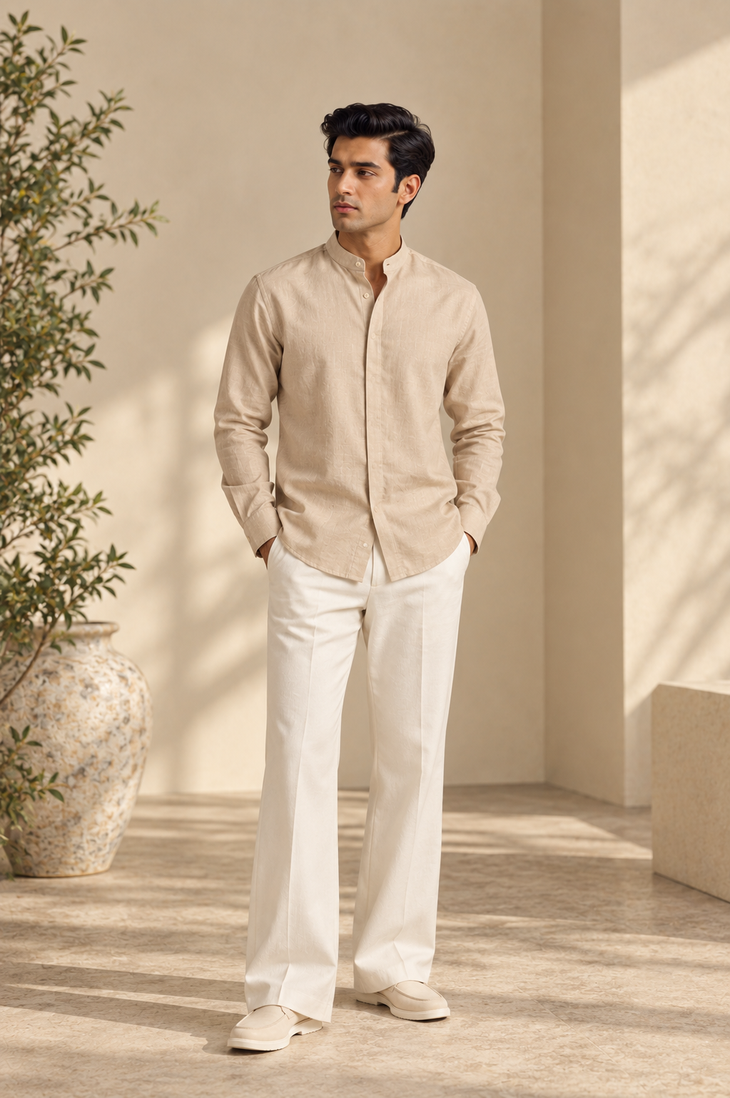 Men's Cotton Mandarin Collar Shirt - Beige