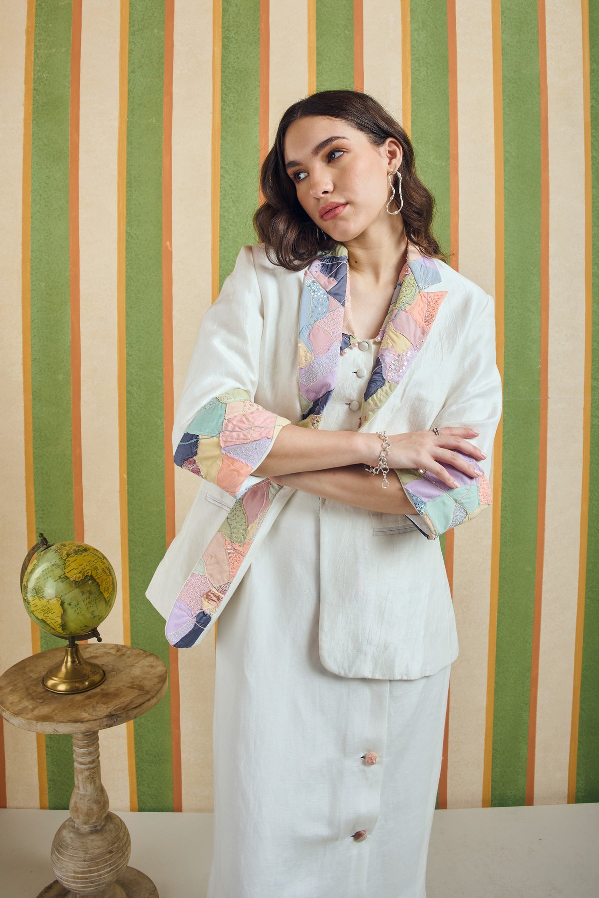 Patchwork Lapel Linen Silk Blazer – Mosaic - White