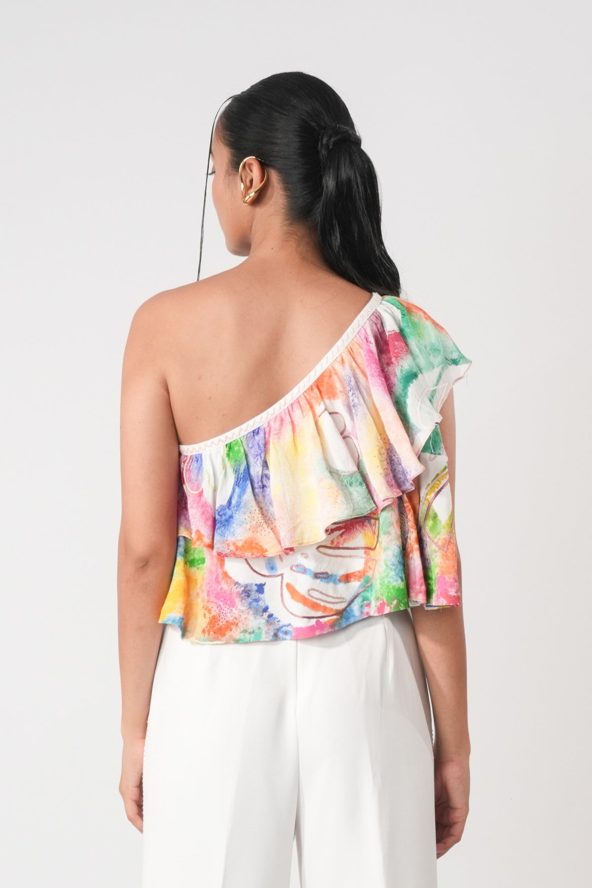 One-Shoulder Frill Top – Blossom Accent - White