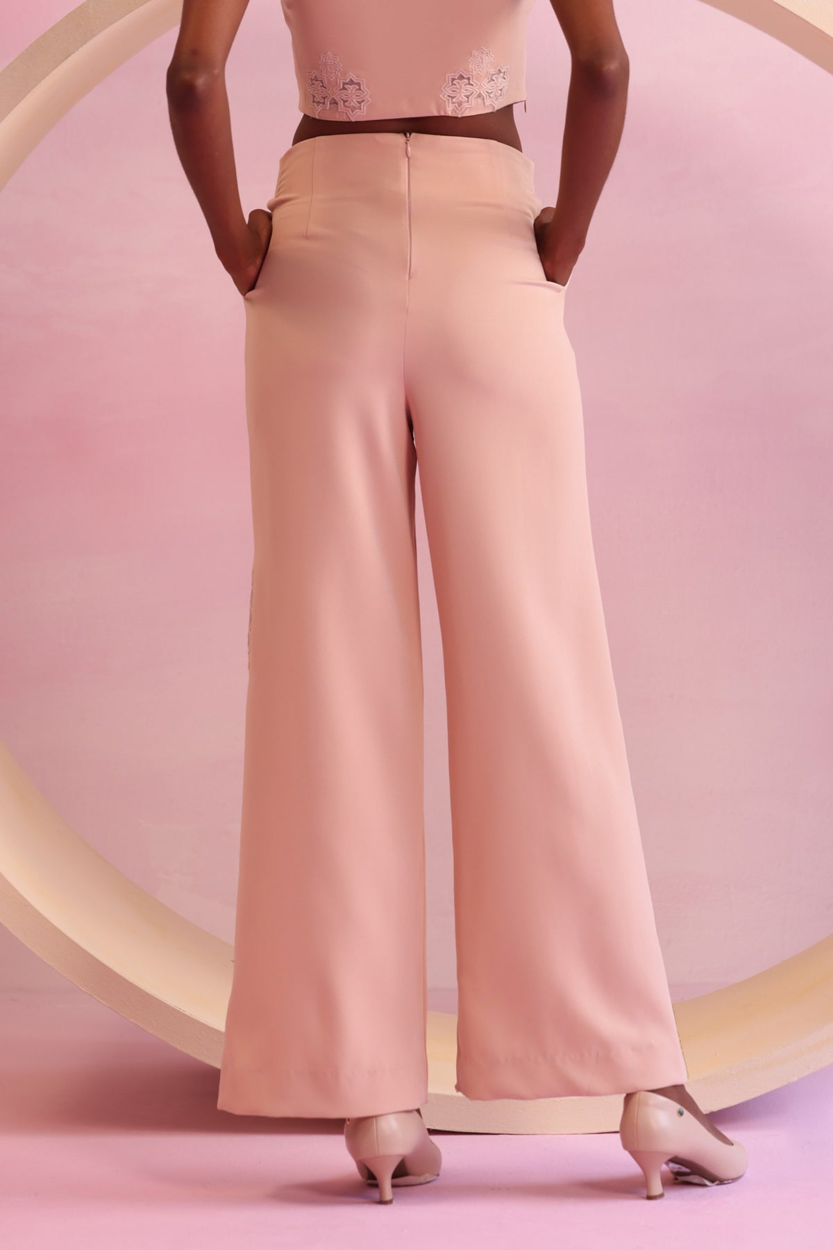 Asymmetric Embroidered Wide-Leg Trousers – Mystic Groove - Peach