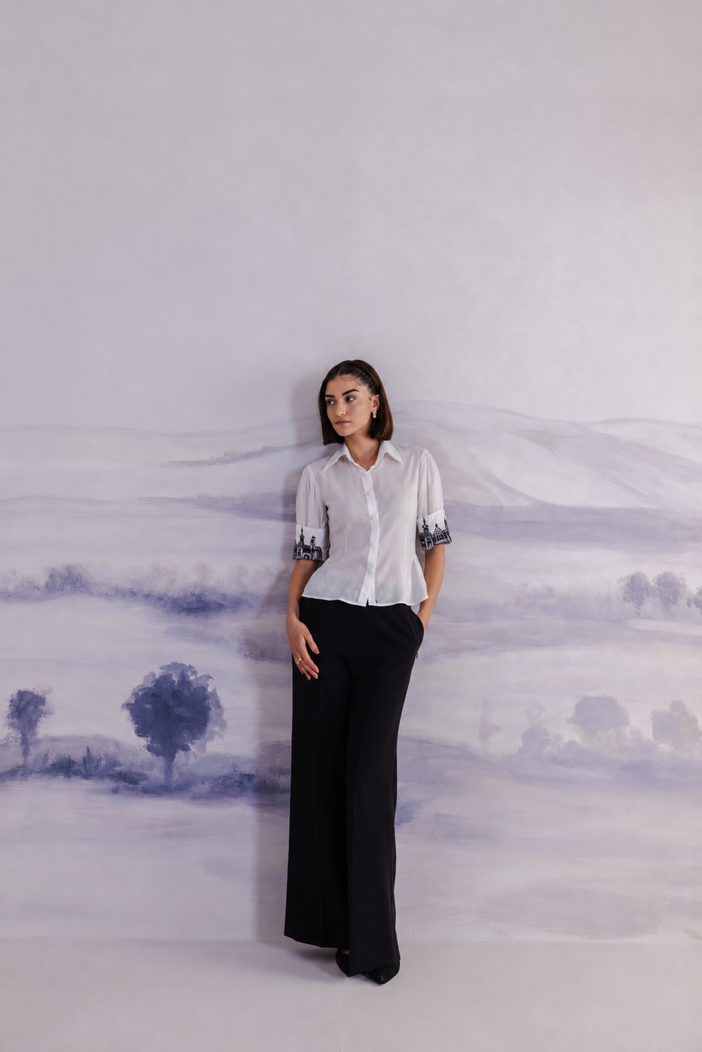 Embroidered Cuff Satin Shirt – Ensemble - White