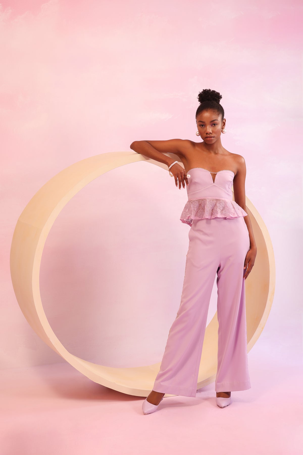 Mesh Side Panel Flared Trousers – Lattice Bloom - Lavender