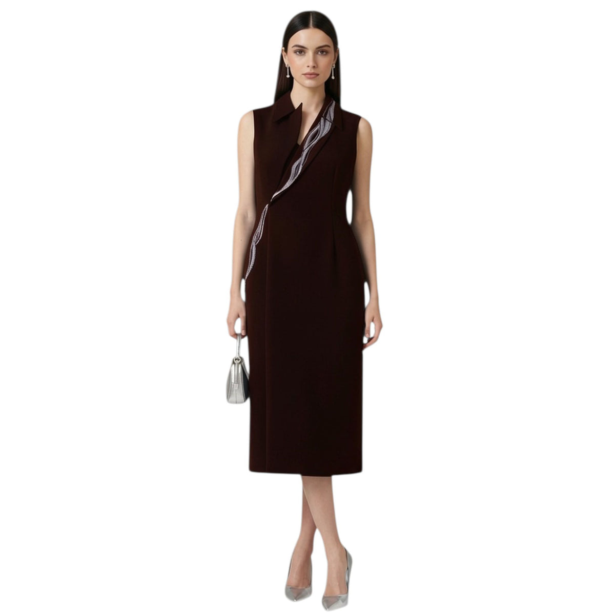 Lapel Neck Tailored Midi Dress – Powerline - Wine