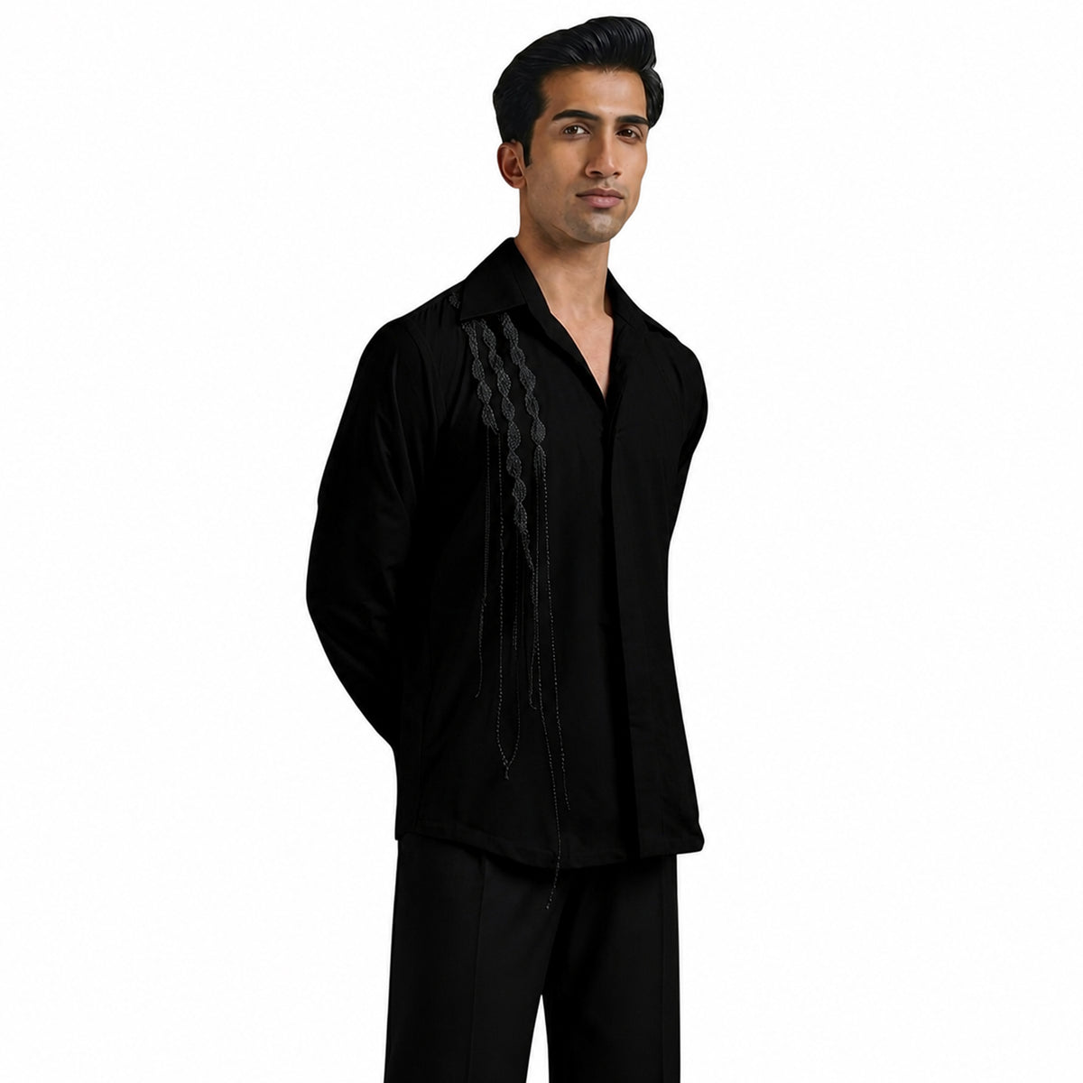 Men's Vertical Embroidered Cotton Shirt – Stream - Black