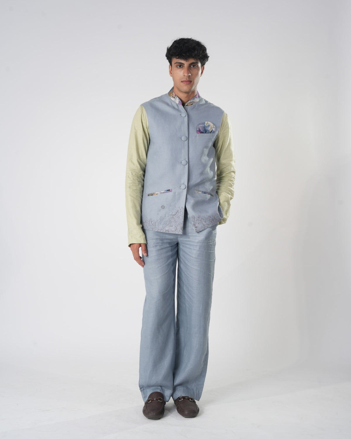 Men's Embroidered Hem Sadri – Wisdom Weave - Blue