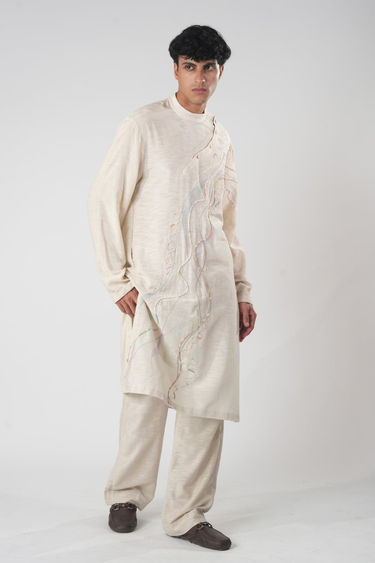 Men's Curved Placket Kurta – Orchard - Beige
