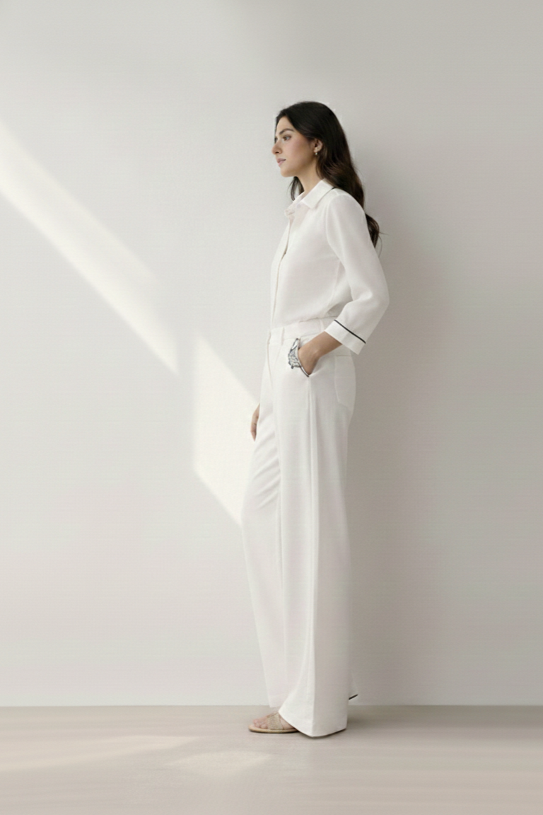 Fish Embroidered Wide-Leg Trousers – Estee - White