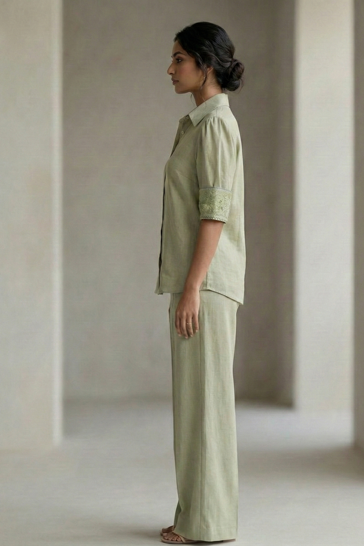 Modern Heirloom Cuff Embroidered Shirt – Warli - Green