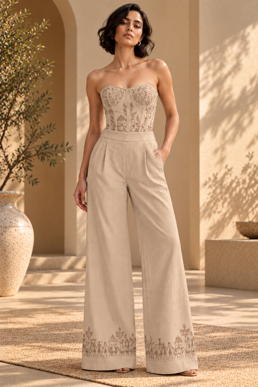 Symmetrical Embroidered Trousers – Warli - Sand Beige