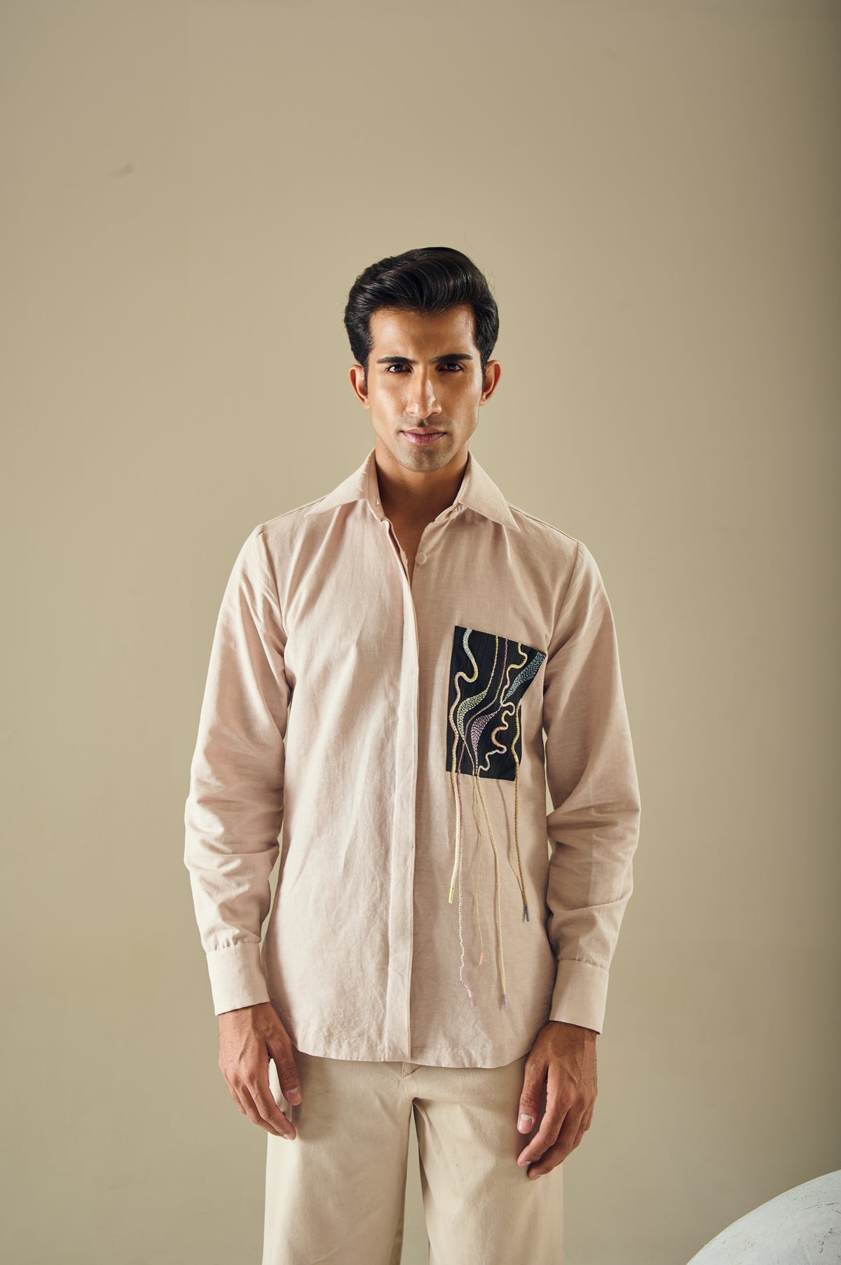 Men's Embroidered Pocket Shirt – Topographic - Beige
