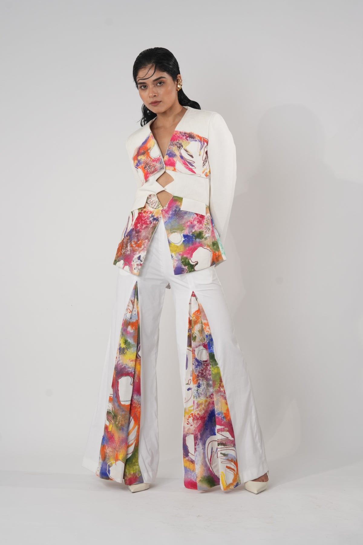 Hand-Painted Cut-Out Blazer – Leaf Imprint - White