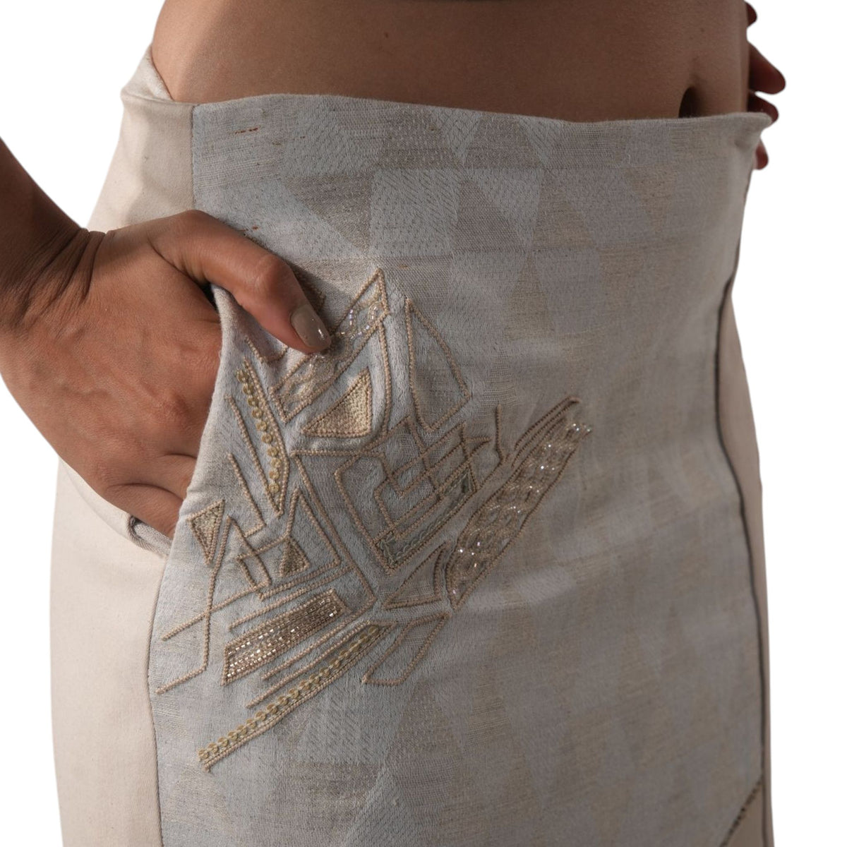 Embellished Denim Bodycon Skirt – Tesserae - Beige