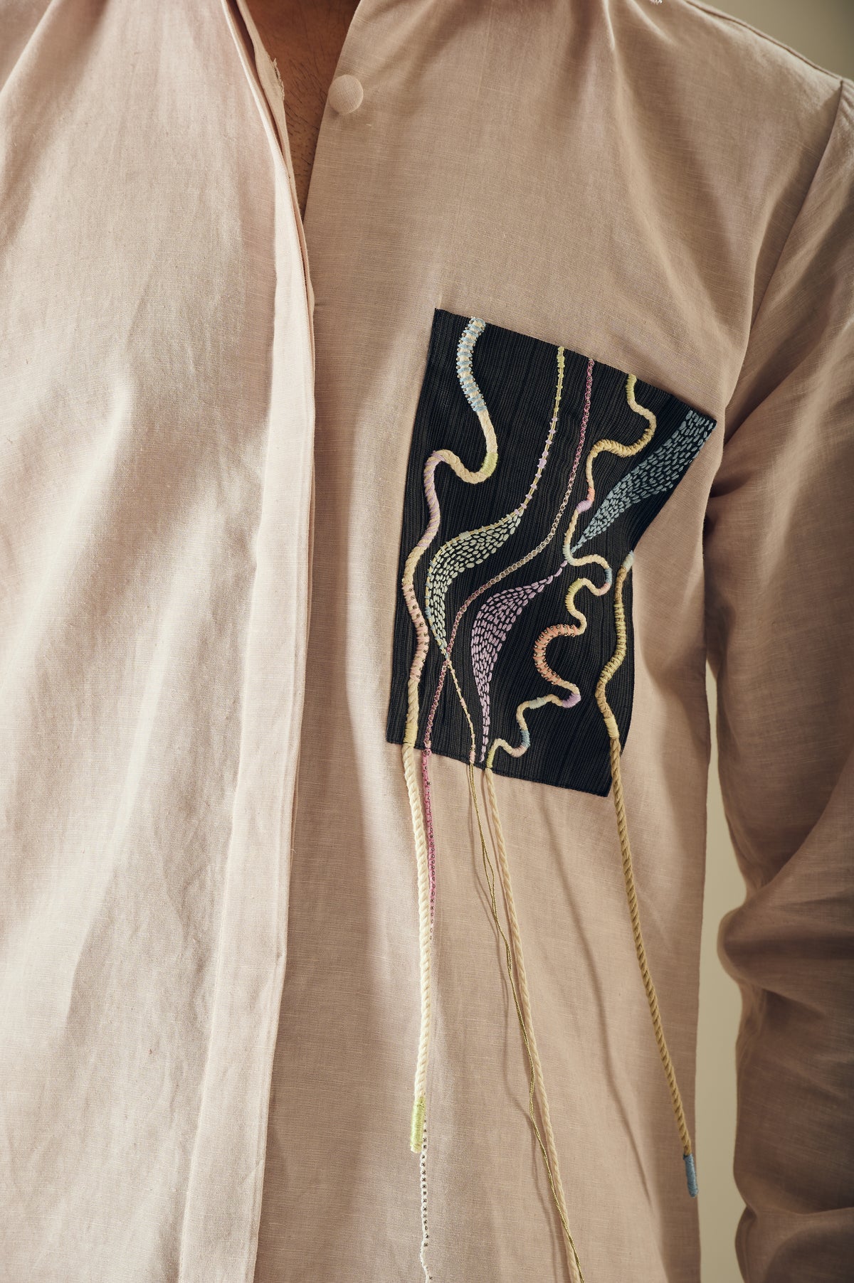 Men's Embroidered Pocket Shirt – Topographic - Beige