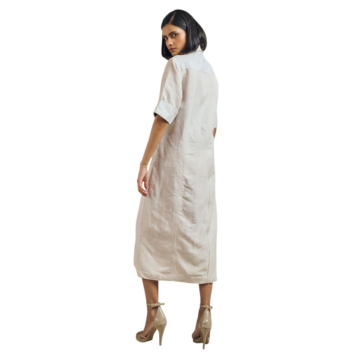 Notched Collar Hemp Shirt Dress – Stitch - Beige