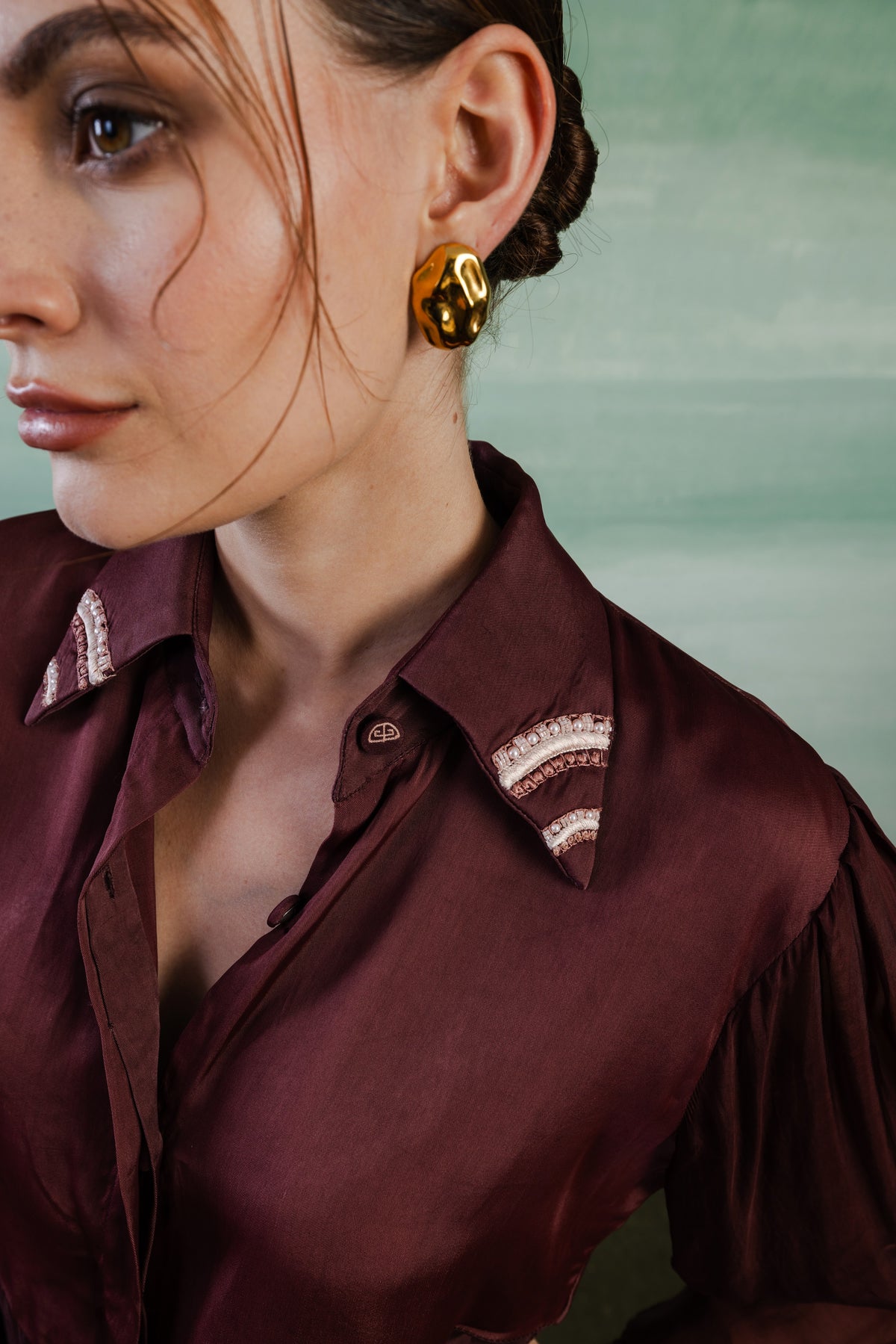 Extended Yoke Satin Shirt - Wine Berry