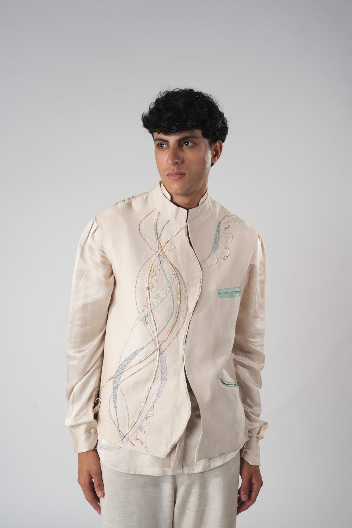 Men's Embroidered Sadri – Field - Beige