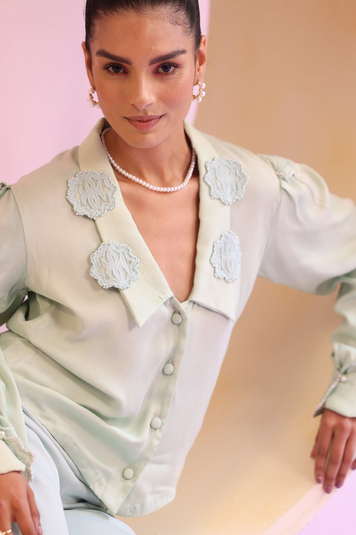 Satin Chelsea Collar Shirt – Floral Reverie - Mint Green