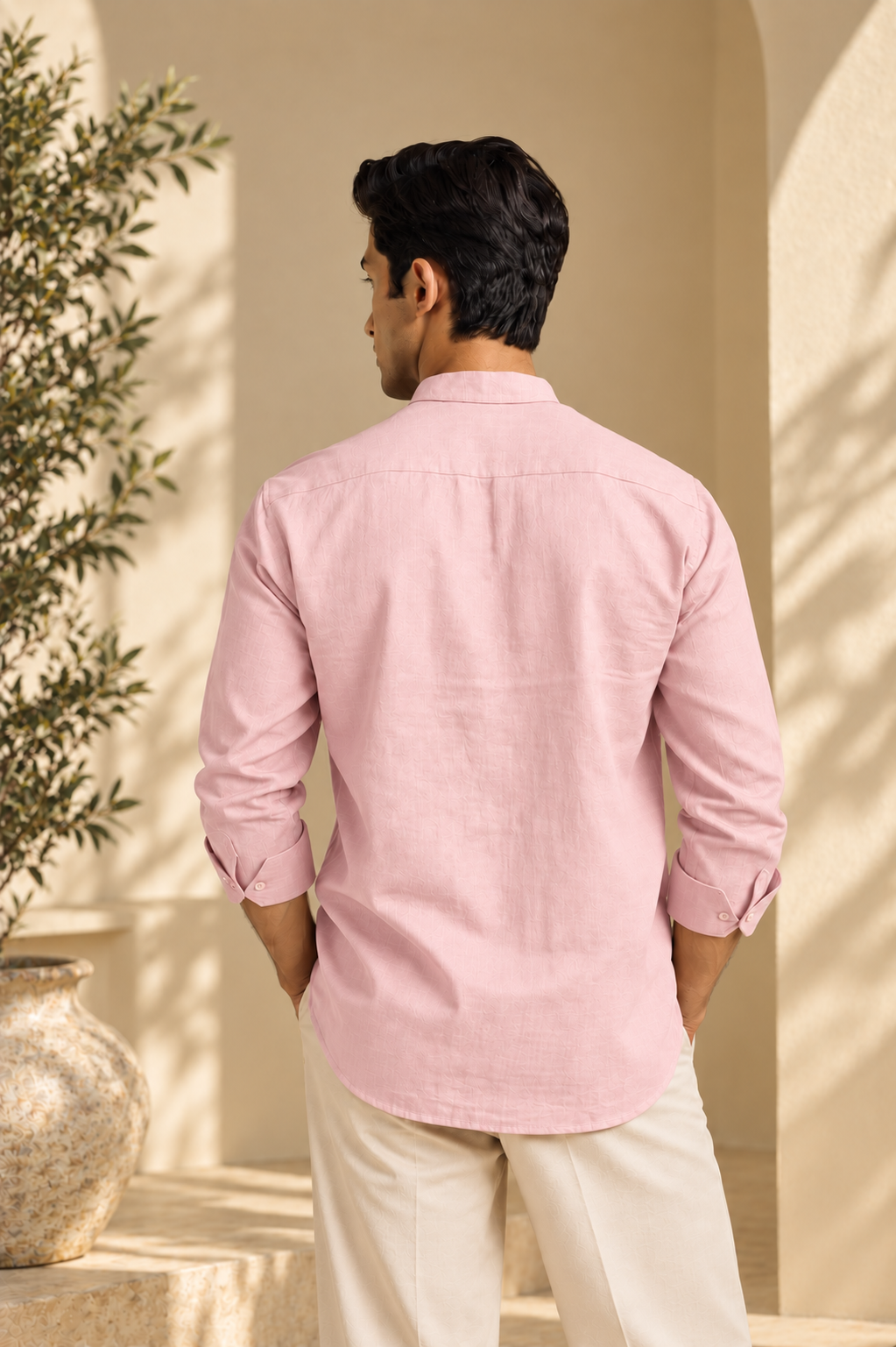 Men's Cotton Mandarin Collar Shirt - Pink