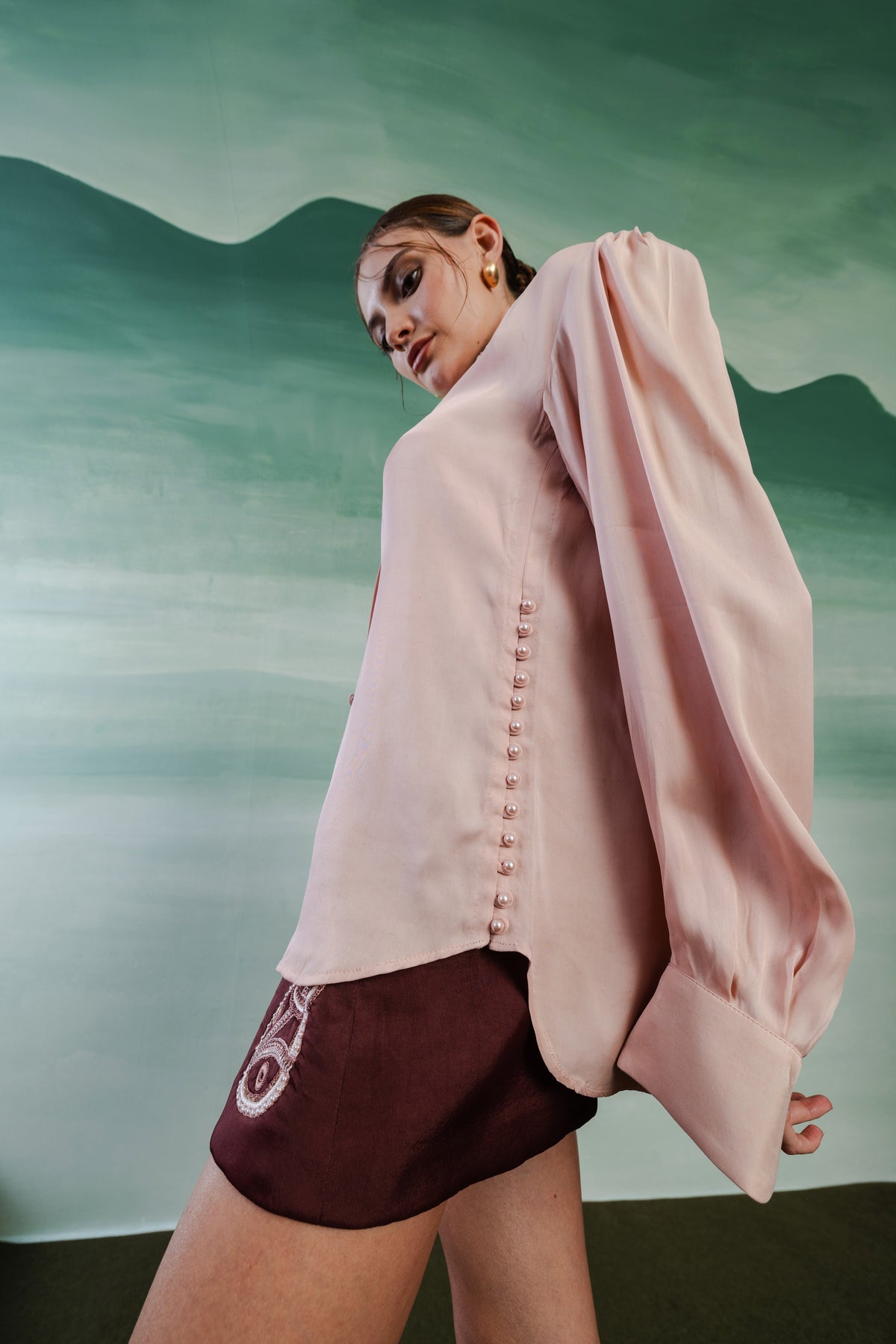 Side Opening Satin Shirt – Romanesque - Apricot Blush