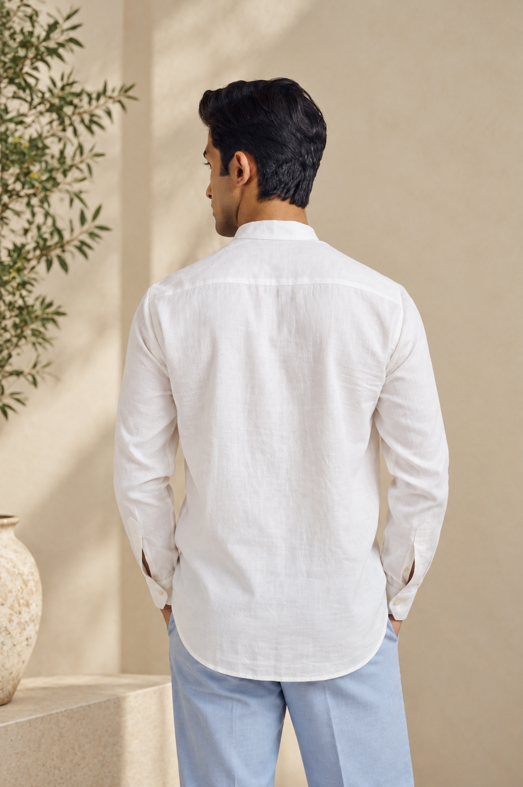 Men's Cotton Mandarin Collar Shirt - White