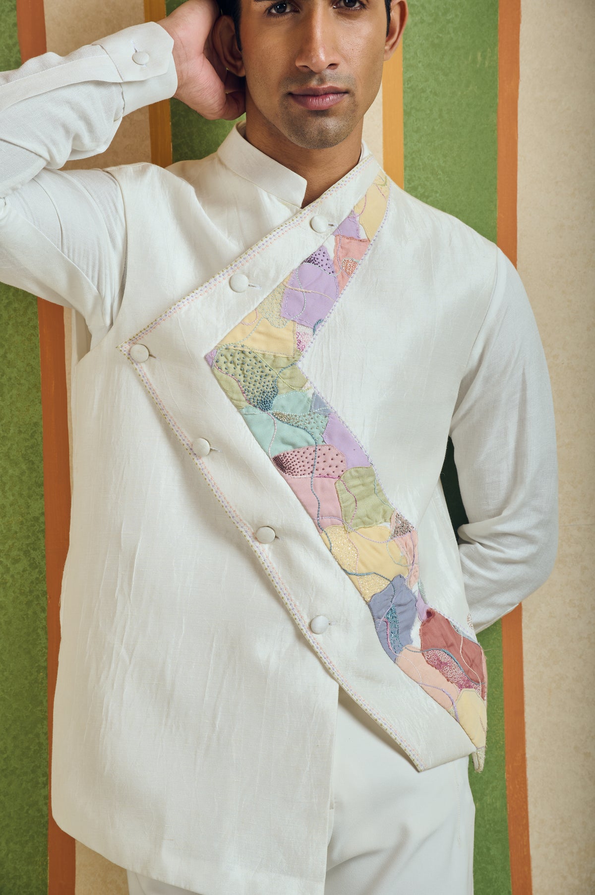 Men's Patchwork Asymmetric Sadri – Prism - White