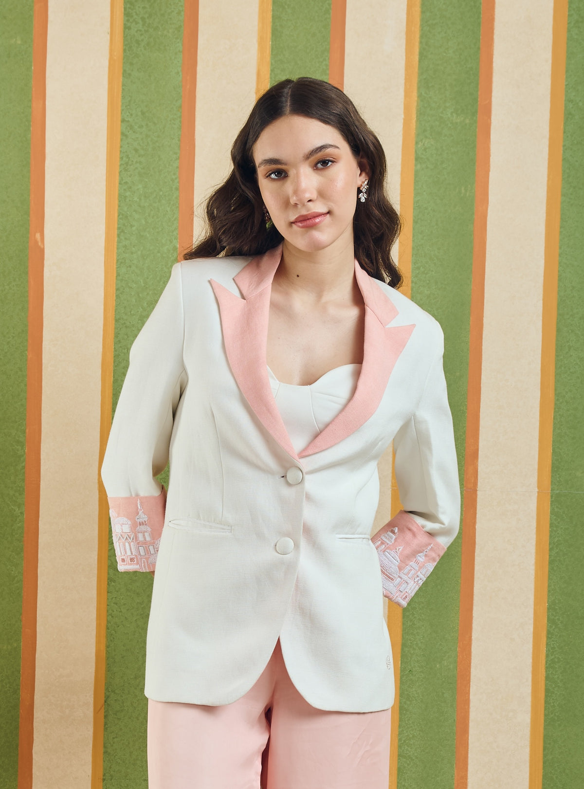 Contrast Lapel Linen Blazer – Masonry - White & Pink