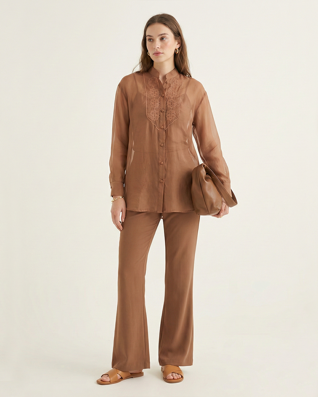 Sheer Embroidered Organza Tunic – Aristé - Brown