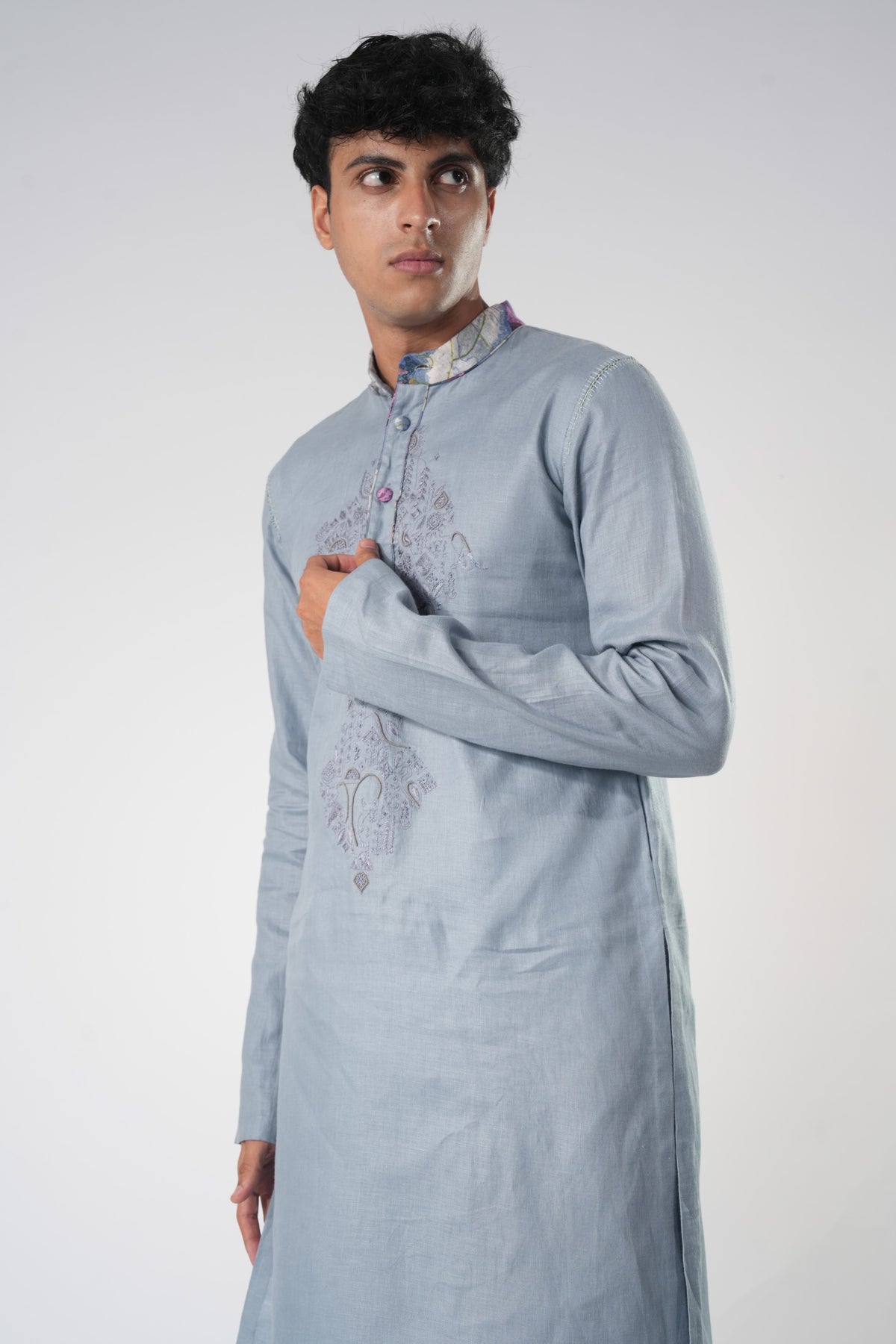 Men's Embroidered Long Kurta – Kavalier - Blue