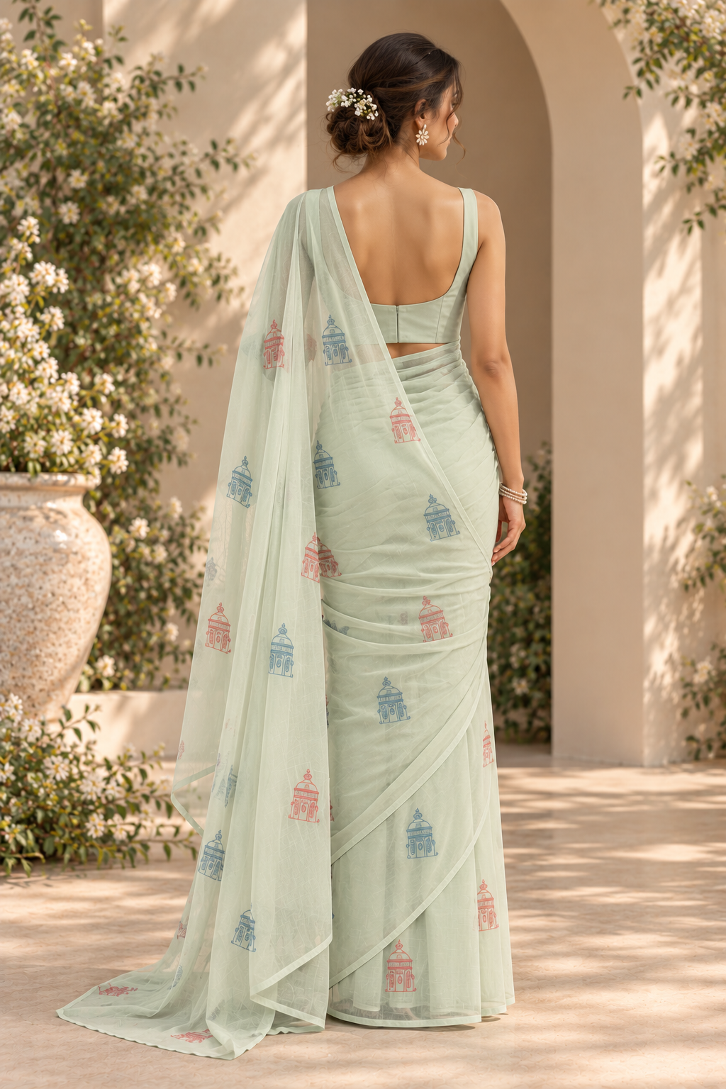 Chikankari Motif Saree – Lucknow - Sage Green