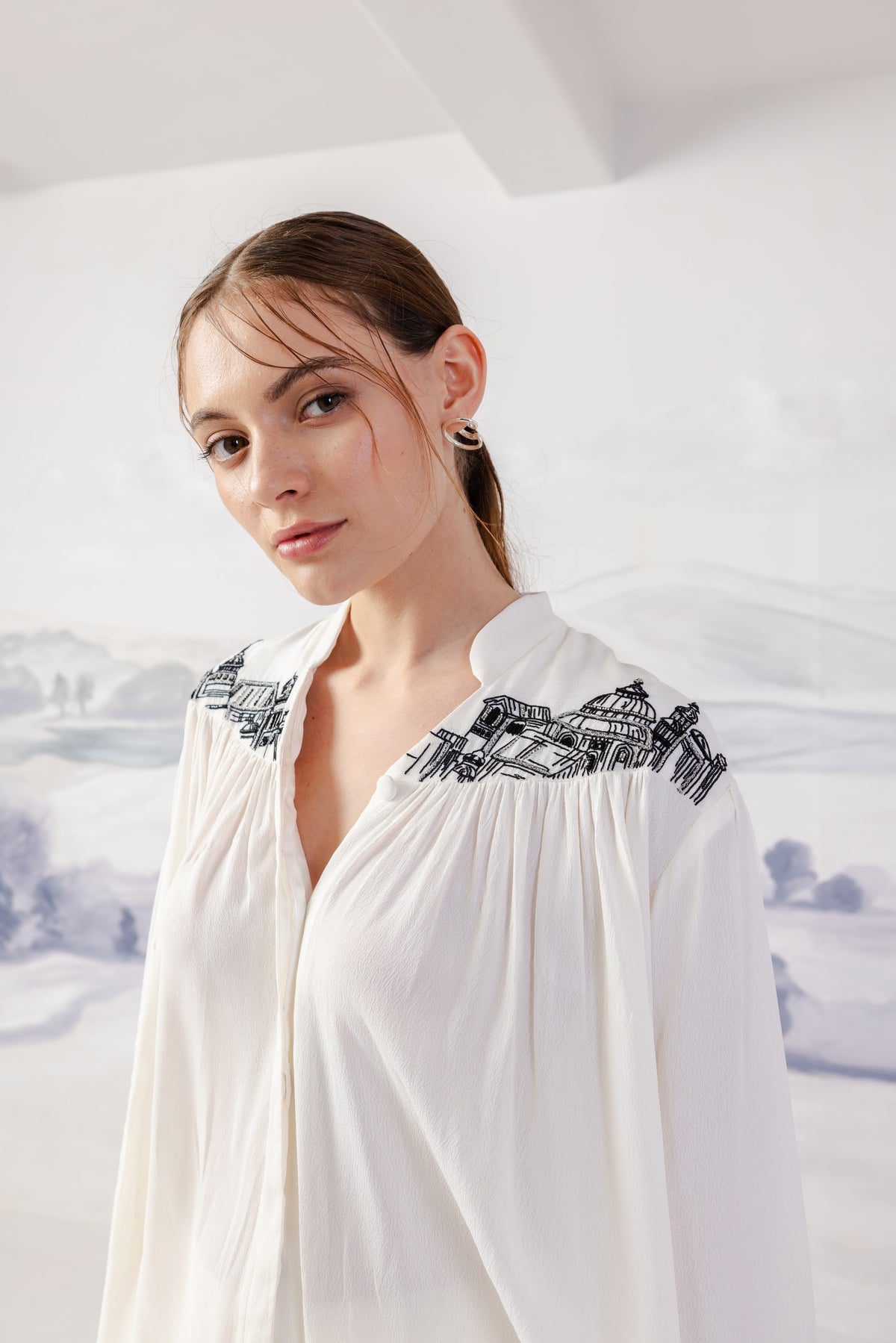 Angular Yoke Gathered Shirt back embroidery detail, ORTHODOX