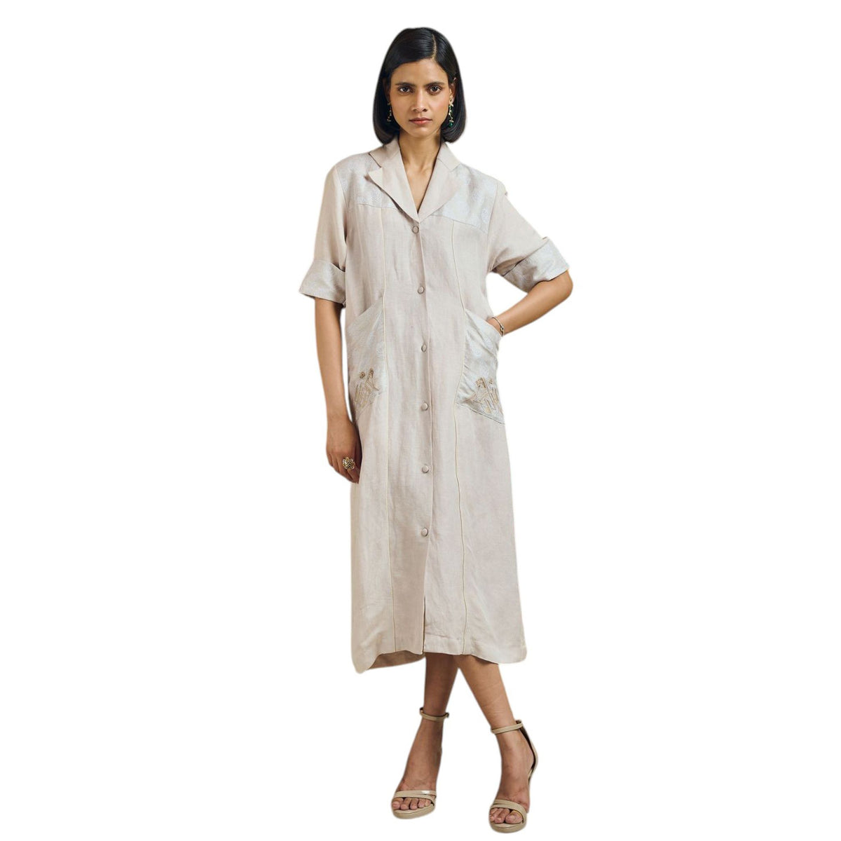 Notched Collar Hemp Shirt Dress – Stitch - Beige